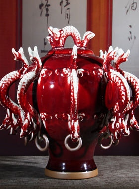 钧瓷客厅装饰钧红釉九龙尊国风陶瓷创意高档送领导气派送礼摆件