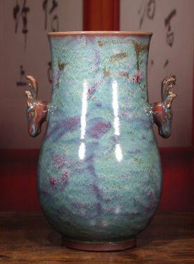 禹州神垕钧瓷摆件李亚飞大师纯手工鹿头尊中式陶瓷家居博古架装饰