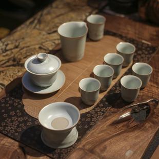 整套功夫茶具十件套组礼盒送礼家用开片 汝窑山水水墨盖碗茶具套装