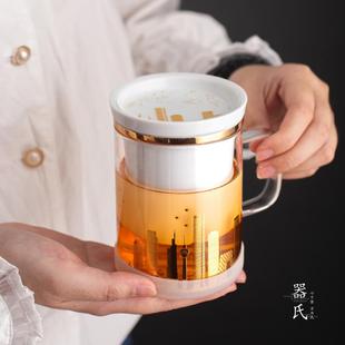 器氏城市夜空办公杯带盖过滤玻璃茶杯家用茶水分离泡茶杯温茶套装