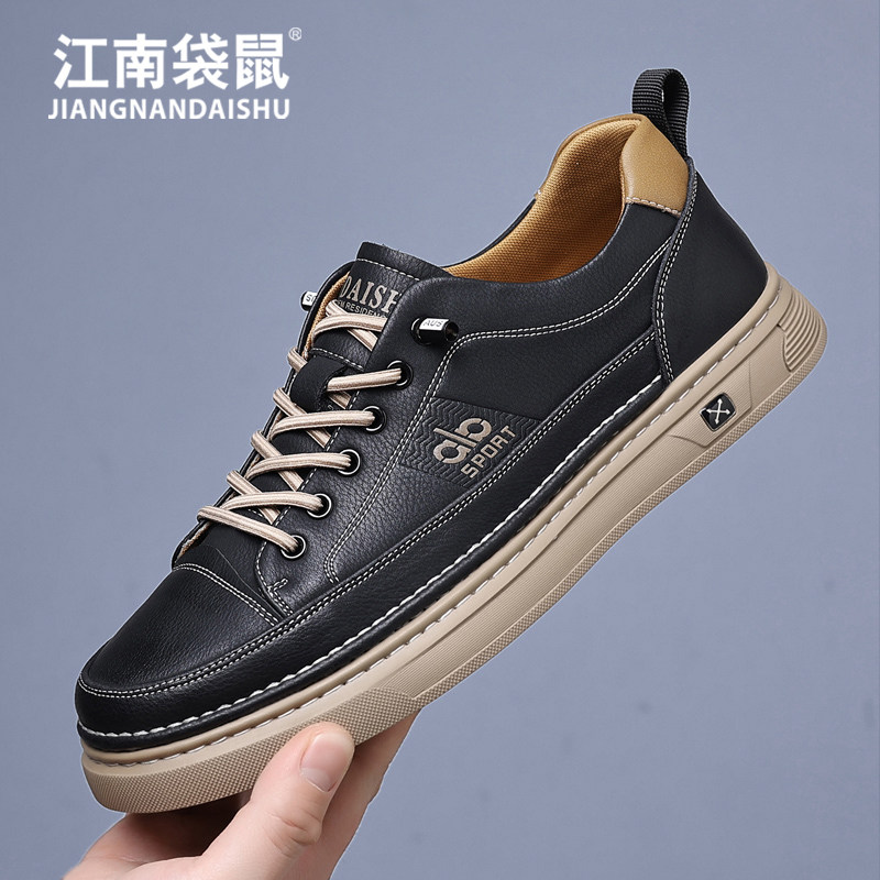 江南袋鼠休闲皮鞋男2026夏季新款一脚蹬运动板鞋舒适透气中年爸爸