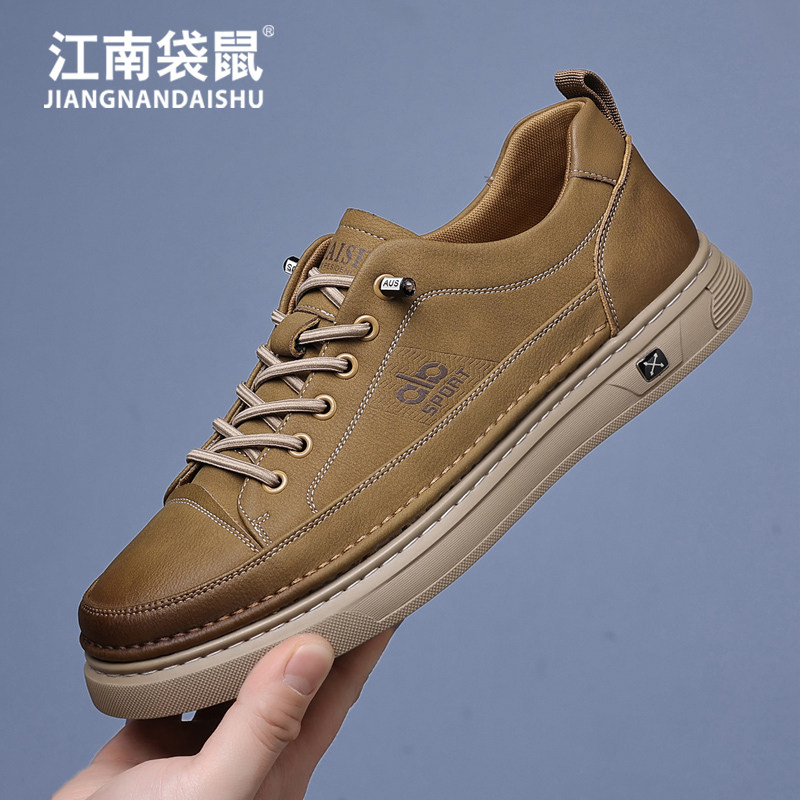 江南袋鼠休闲皮鞋男2026夏季新款一脚蹬舒适透气中年爸爸运动板鞋