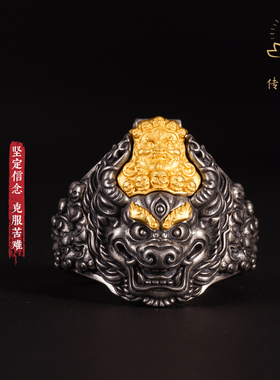 传是大威德金刚戒指925纯银男文殊菩萨指环复古藏传国风开口佛戒