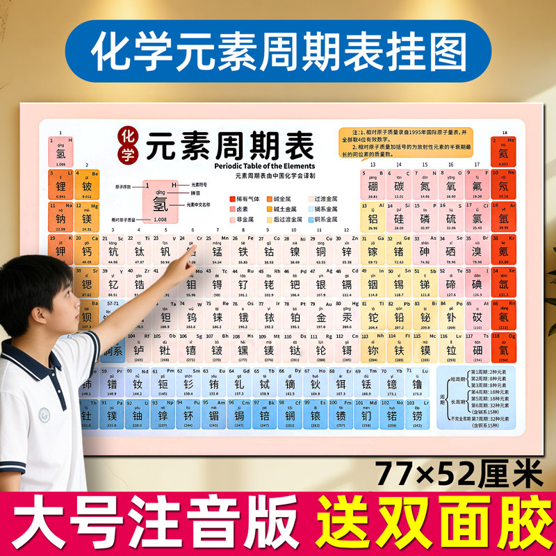 化学元素周期表挂图墙贴卡片实物加厚带拼音版化学方程式初中七八九年
