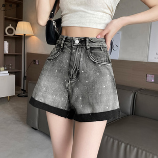 黑灰色烫钻牛仔短裤女夏季带钻花苞裤薄款高腰阔腿辣妹卷边热裤