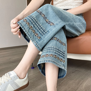 国风刺绣小个子春秋季直筒九分腰烟管牛仔裤女高腰新款八分阔腿裤