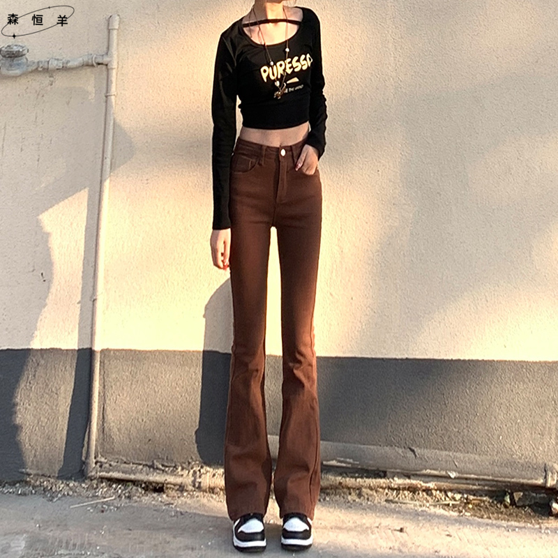 咖啡色喇叭牛仔裤女长裤春秋季新款高腰显瘦修身小个子微喇叭裤子