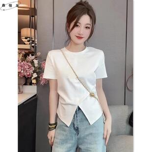 品牌不规则圆弧下摆棉质短袖T恤女夏季韩版修身显瘦开叉圆领上衣