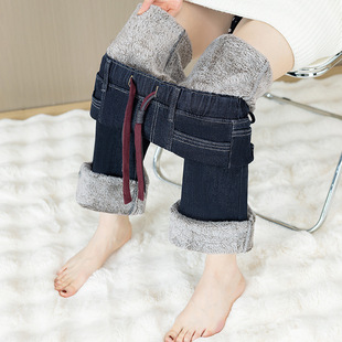 保暖加厚绒牛仔裤女松紧腰长裤冬季新款修身显瘦大码胖mm喇叭裤子