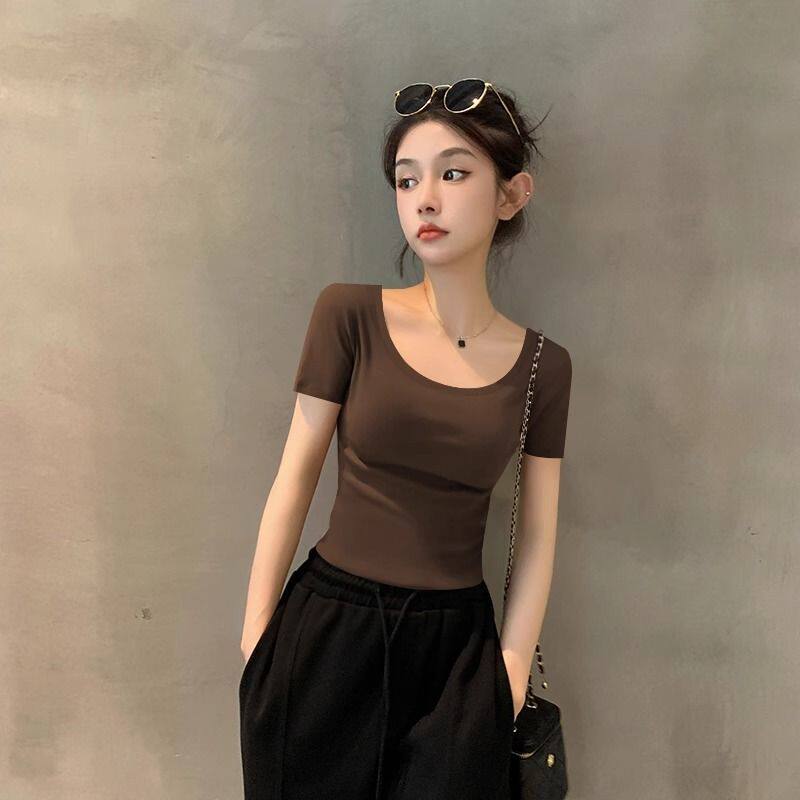 咖色莫代尔u领短袖T恤女2026新款夏季修身显瘦露背大圆领半袖上衣