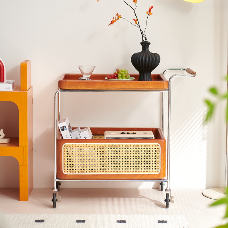 E束/流年/中古藤编小推车可移动藤编茶边几置物架法式复古风收纳