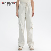Tea 直筒抽绳 女宽松高腰休闲裤 Beauty户外工装 风多口袋束脚裤
