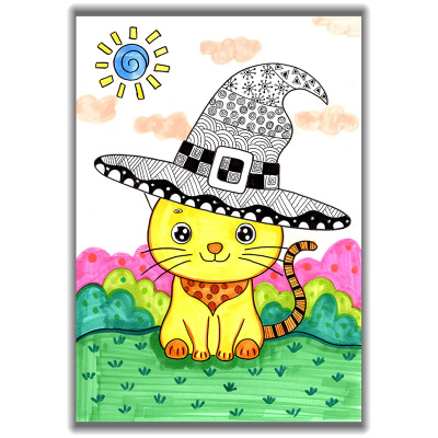 塑封彩色线描临摹卡涂色线稿儿童美术创意马克笔绘画素材临摹卡片