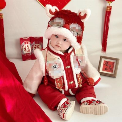 宝宝过年拜年衣服可爱婴儿冬款外出新年装新生中国风喜庆龙连体衣
