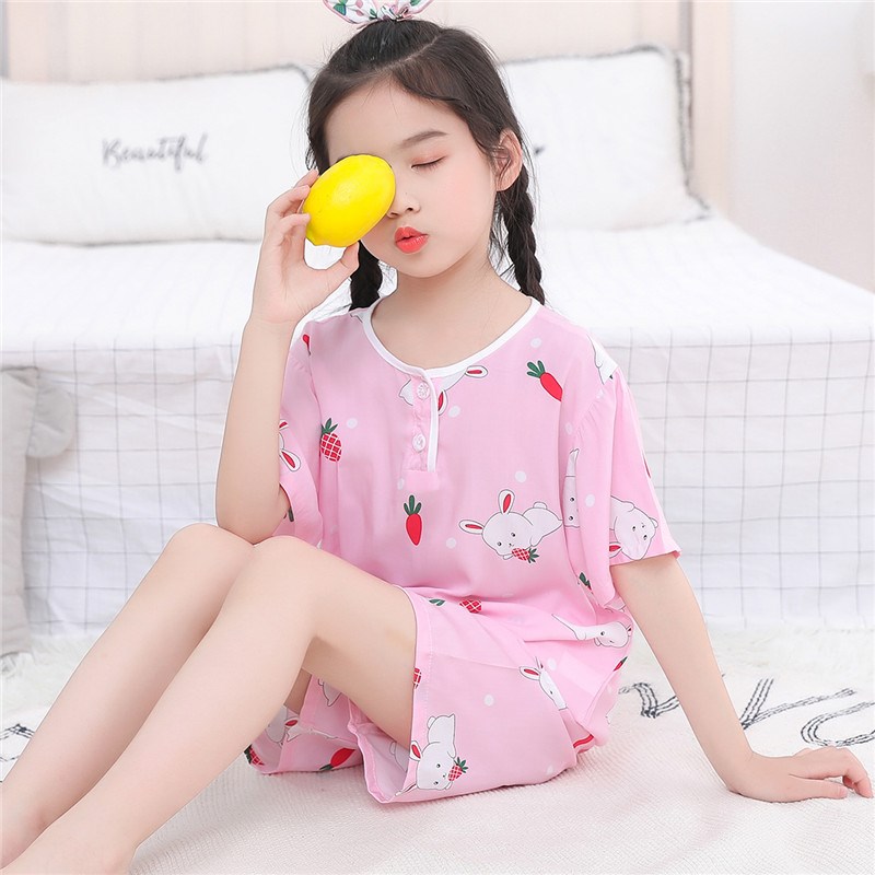 女童棉绸睡衣薄款夏季短袖小孩儿童中小绵绸空调家居服清凉风套装