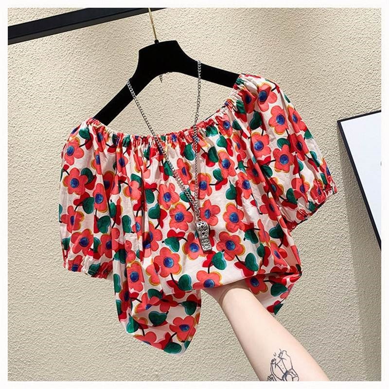 衣服气质上衣一字肩性感碎花小清新雪纺衫露锁骨女露肩夏洋气短袖