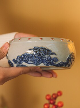 大号圆形壶承杯垫佛像底座祥云鼓陶瓷摆件客厅茶桌电视柜复古装饰