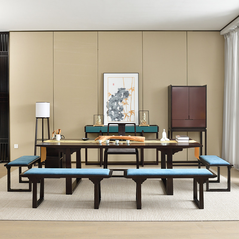 新中式实木茶桌家用书房书桌一体组合白蜡木禅意简约民宿酒店定制