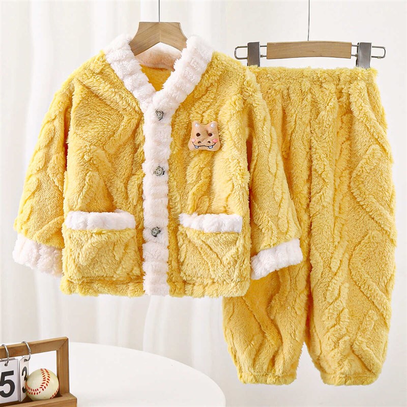 儿童睡衣冬季加绒男童女童法兰绒家居服套装宝宝珊瑚绒保暖两件套