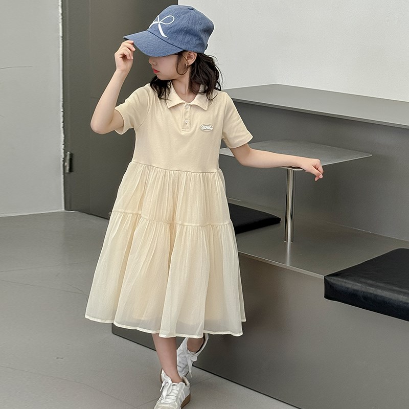女童学院风连衣裙夏季2024新款洋气儿童polo领短袖裙子网纱公主裙