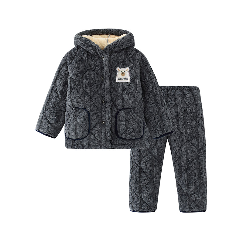 儿童睡衣冬季三层夹棉加厚法兰绒发热衣裤男女中大童珊瑚绒家居服