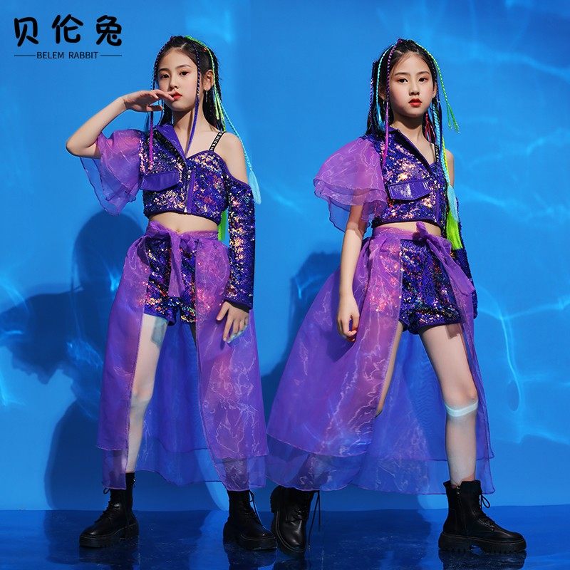 女童钢琴小提琴演奏服装女孩紫色亮片T台走秀纱裙爵士舞蹈演出服