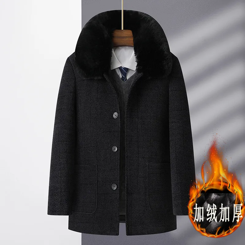 爸爸加绒加厚秋冬毛呢大衣外套中老年人男休闲父亲男装雪尼尔上衣