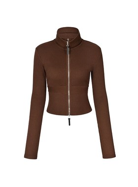 EMPTY PAGE秋冬白色/褐色高领拉链毛织针织弹力修身开衫