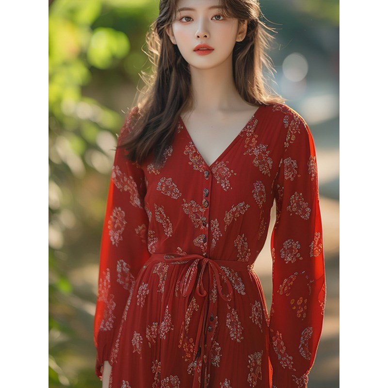 法式红色V领碎花连衣裙女春秋2024新款长袖收腰高级感a字中长裙子