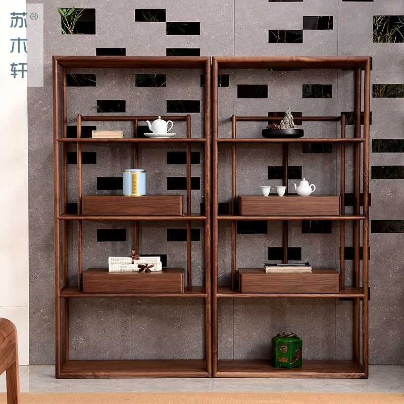 苏木轩新中式黑胡桃木置物架茶叶架实木博古架禅意多宝阁茶室家具