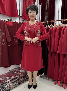 高档时尚参加婚礼红色连衣裙50岁妈妈婚宴两件套60婆婆喜庆套装