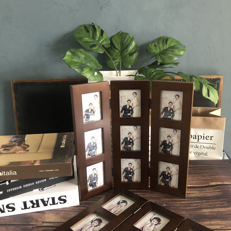 爱唯伊影楼盘子复古实木三联屏风摆件九宫格摆台仿古古装相框相架