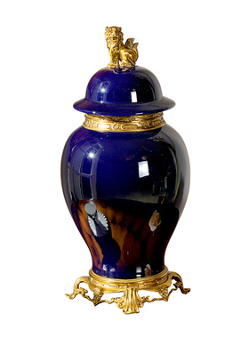 欧式创意陶瓷配铜宝蓝色家居饰品花插美式客厅电视柜玄关果盘摆件