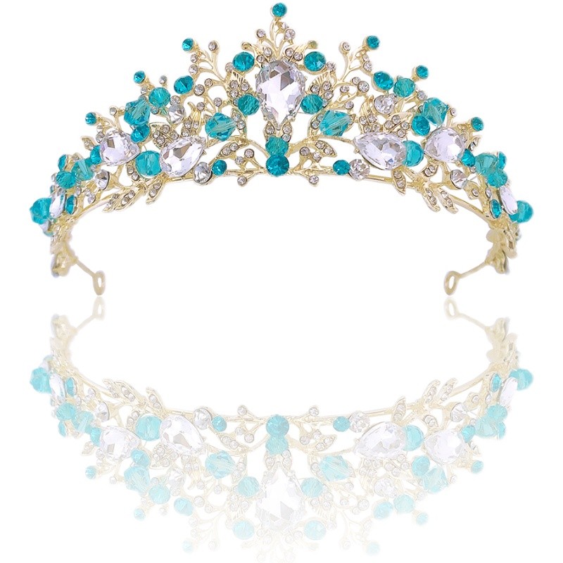 新款天蓝色水晶儿童皇冠头饰小女孩王冠生日学生表演走秀发箍发饰