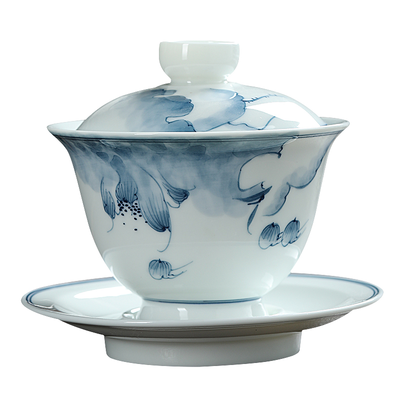 泥印手绘荷花陶瓷三才盖碗单个家用景德镇青花大号功夫泡茶碗茶杯