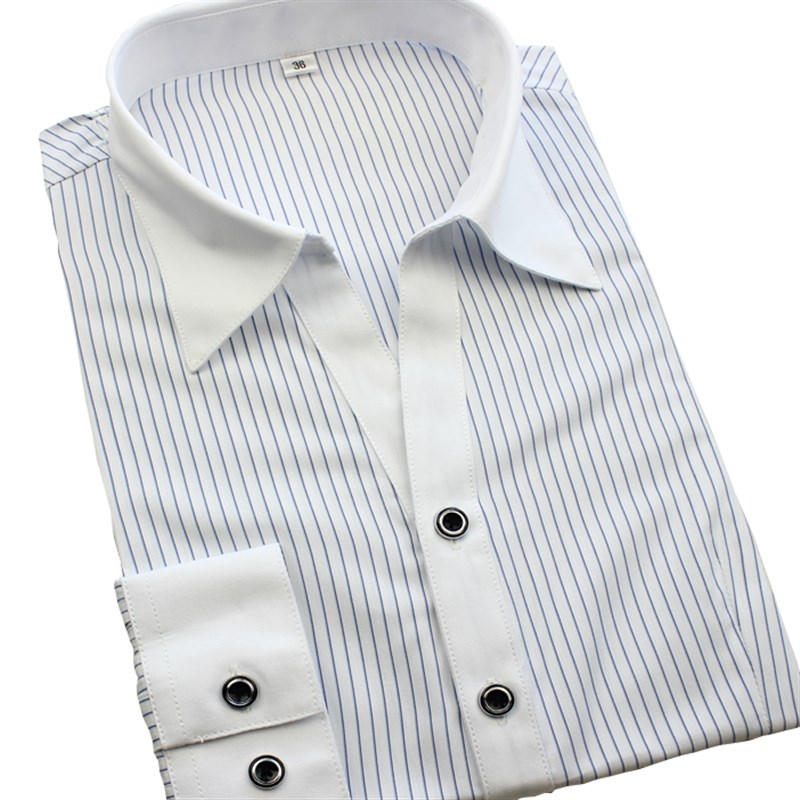 夏季衬衫女白领蓝色宽条纹职业工装OL衬衣长袖收腰免烫有大码大版