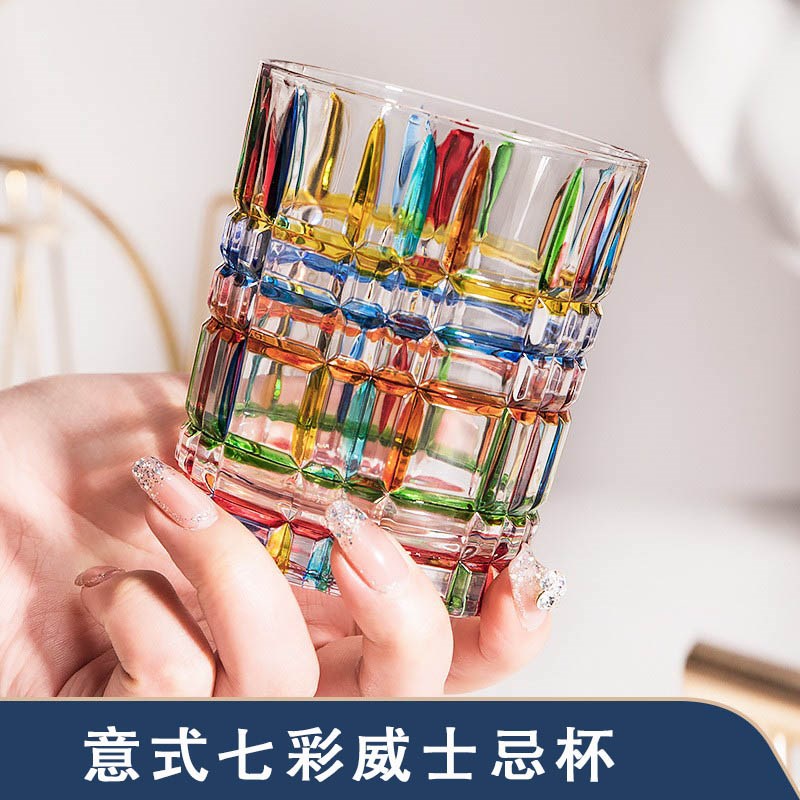 意式彩色玻璃杯手绘网格纹水杯酒杯冰山水晶威士忌酒杯网红撞色杯