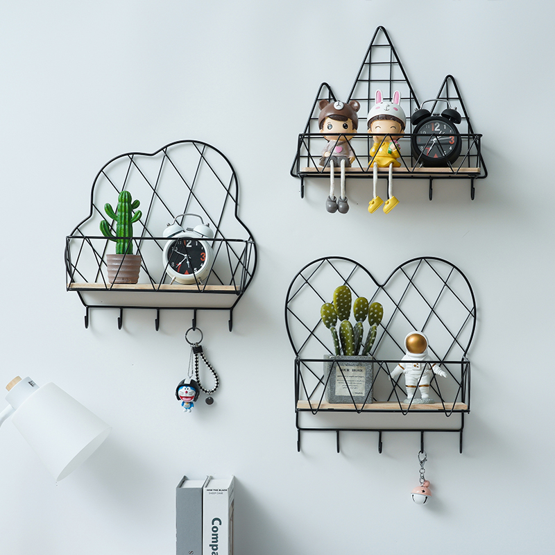 北欧免打孔置物架带挂钩铁艺创意进门钥匙挂件墙上装饰品摆件架子