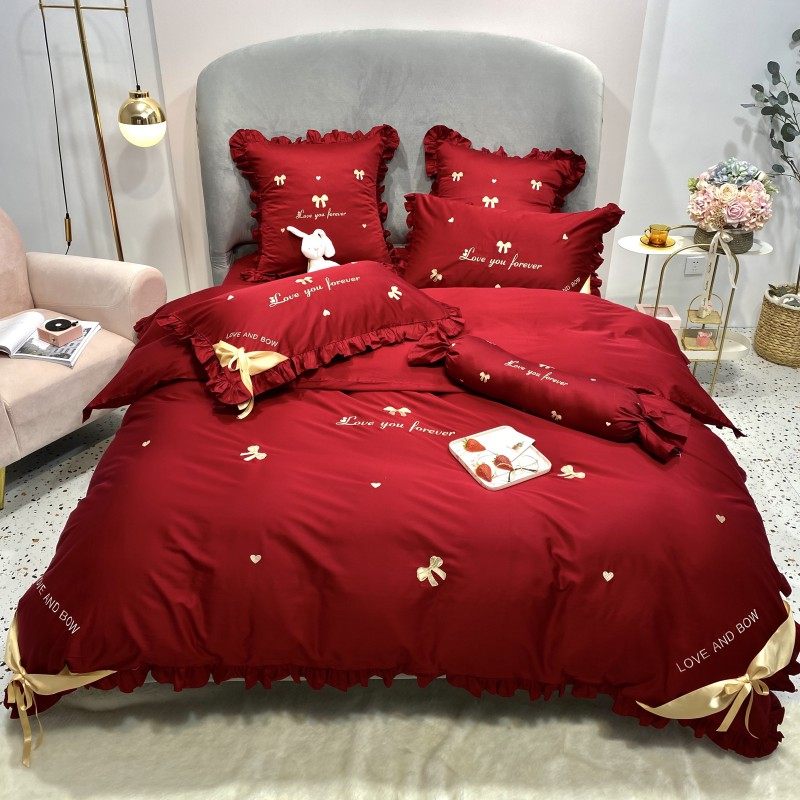 简约100s长绒棉婚庆四件套纯棉全棉爱心被套红色结婚床单床上用品
