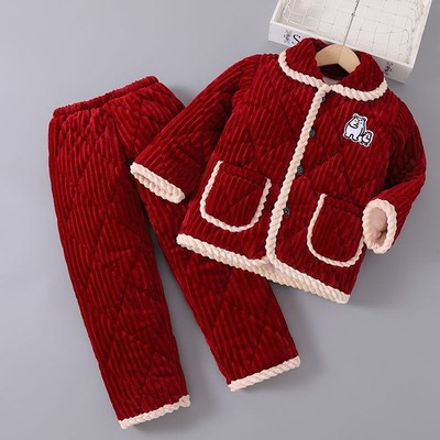 冬季三层加厚法兰绒儿童睡衣加绒家居服男童套装夹棉女童宝宝超厚