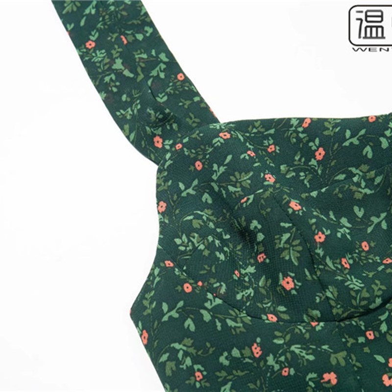 【包邮】法式复古系带绿色碎花高腰吊带裙性感收腰沙滩度假连衣裙