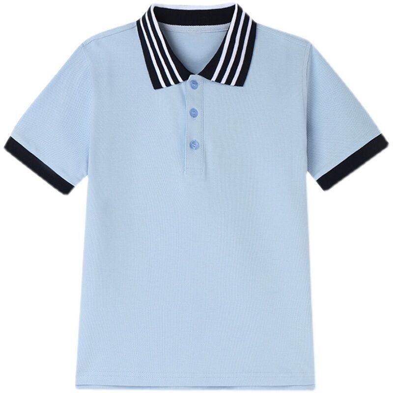 男女童中小学生枣红短袖翻领POLO衫中大儿童浅蓝带有领子T恤校服