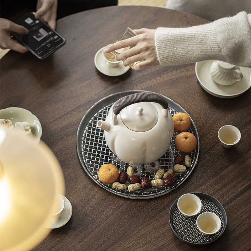 清欢丨矮款胡桃木圆形茶桌 新中式茶室用烧炭茶台 茶空间围炉煮茶