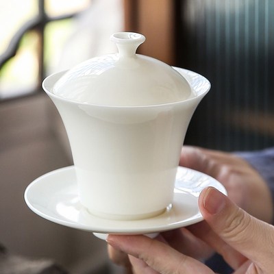 羊脂玉白瓷三才盖碗茶杯陶瓷功夫茶具单个泡茶碗家用大号茶器带盖