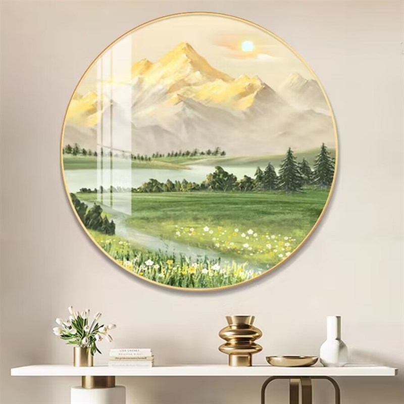 日照金山玄关装饰画圆形饭厅山水风景走廊过道挂画北欧正对门墙画图片