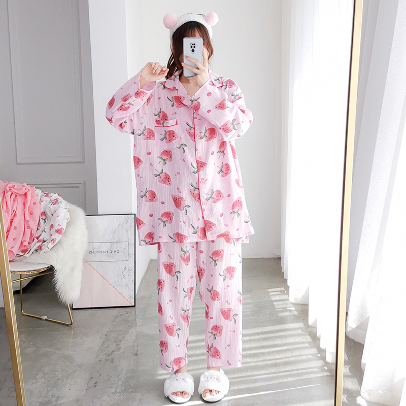 加大码纯棉纱布开衫睡衣女春秋长袖长裤套装宽松胖MM200斤家居服