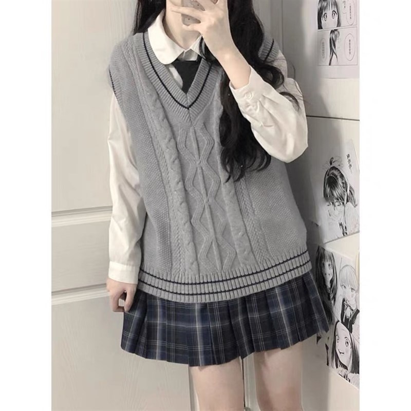 【三件套】古着学院风毛衣马甲+小个子衬衫+格纹半身裙春秋套装女