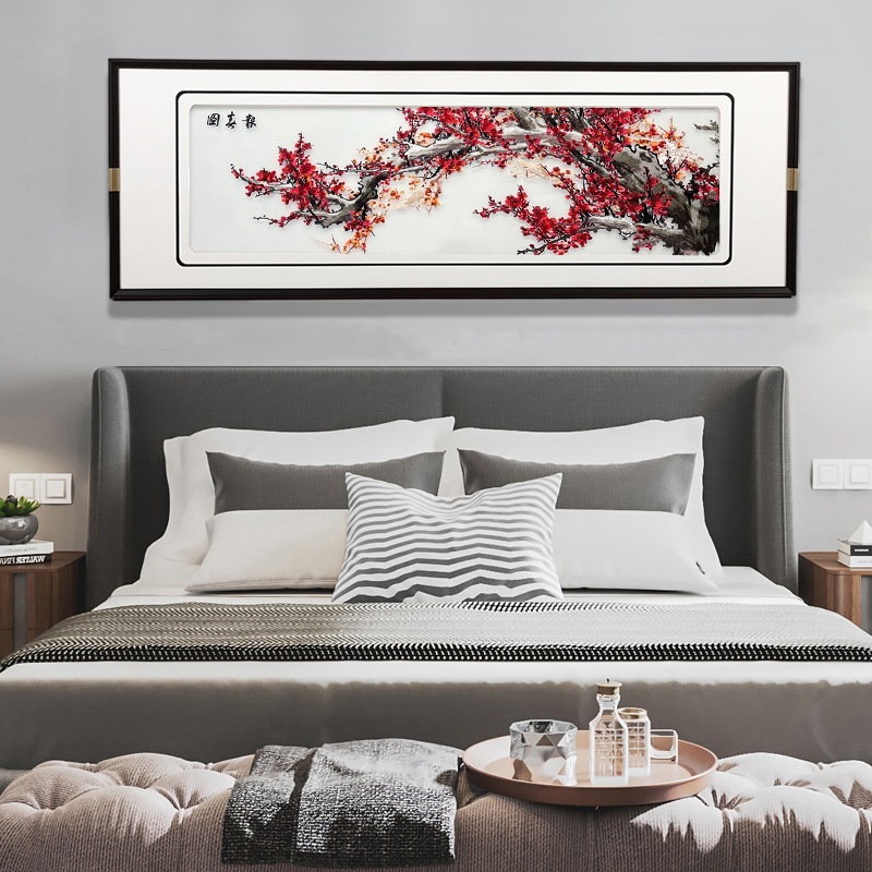 新中式床头挂画国风苏绣实木框餐厅卧室背景墙荷花刺绣装饰画图片