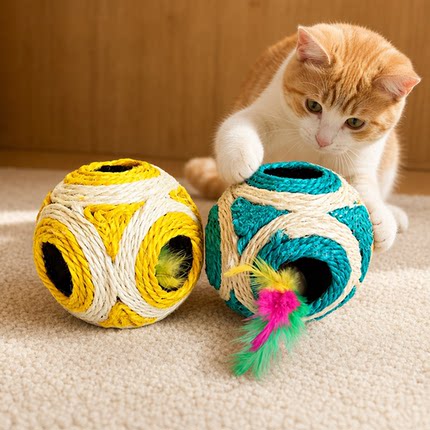 迈凯特猫玩具逗猫棒剑麻球带羽毛发声球自嗨解闷逗猫玩具宠物用品
