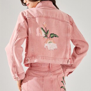秋新款 两件套22267 复古粉色水洗牛仔短外套翻领女半裙休闲套装